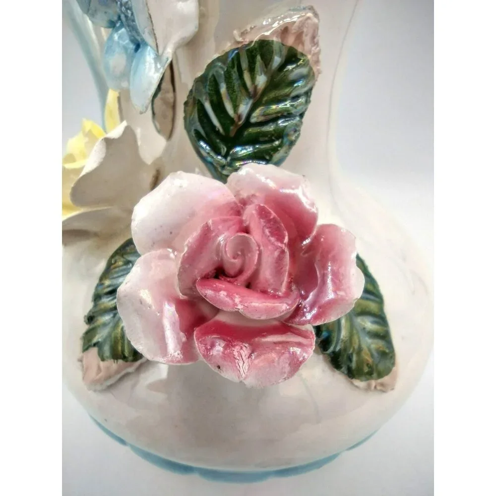 Lusterware Pitcher Vase with Flower Accents and Handle 8 Inches Vintage